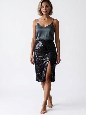 LUSH Black Sequin Front-Slit Midi Skirt - Size Small